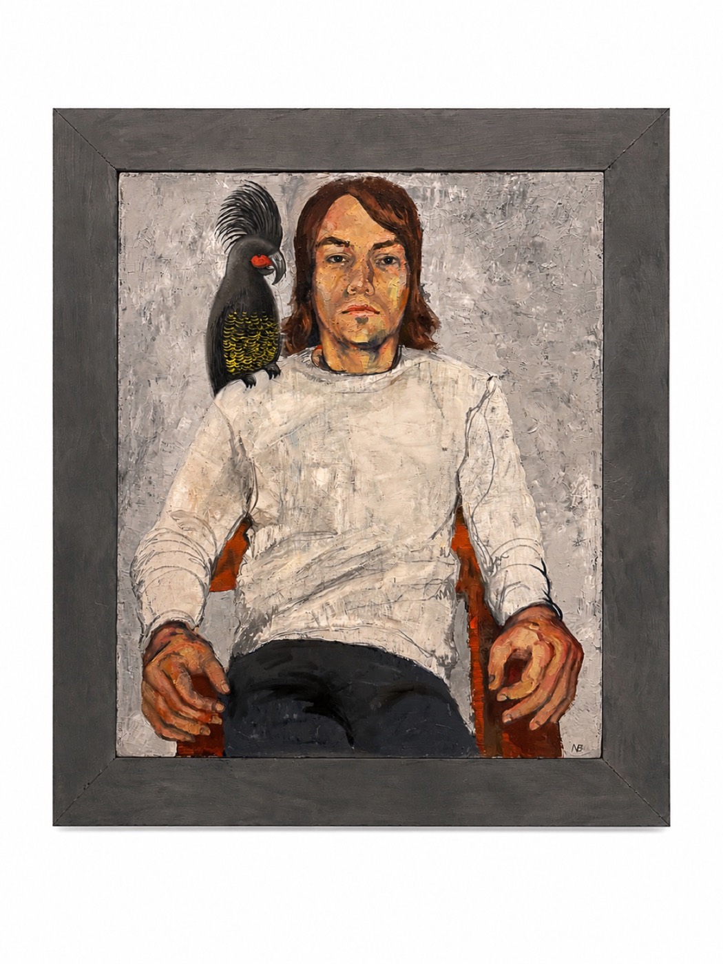 Oil portrait of a seated figure with a black cockatoo