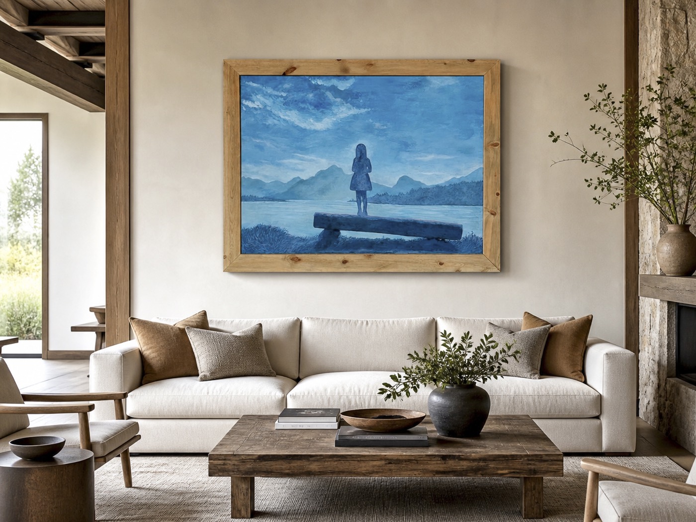 Blue monochrome oil painting of a figure before a mountain lake, in a living room
