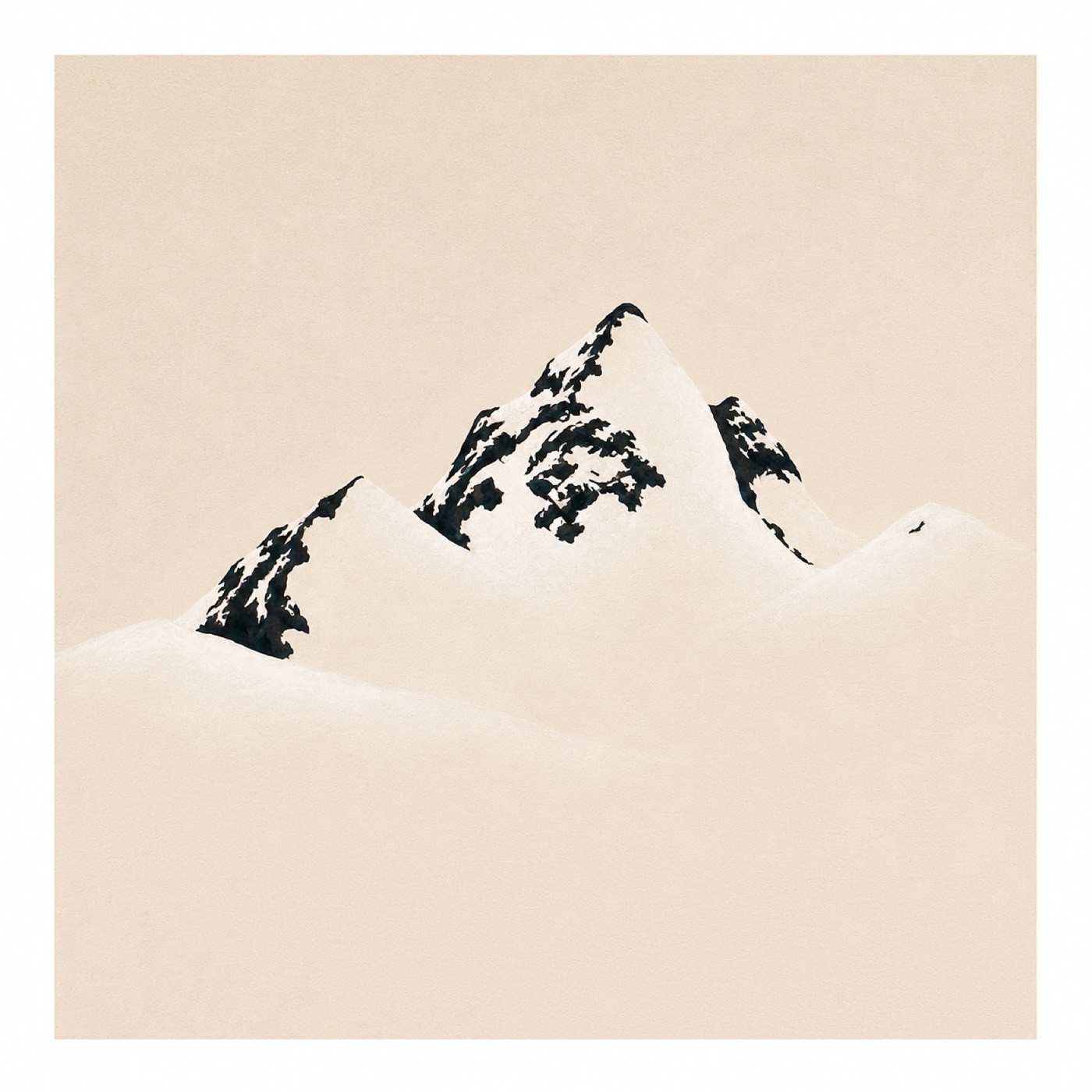 Minimalist oil painting of stark mountain peaks in black on cream