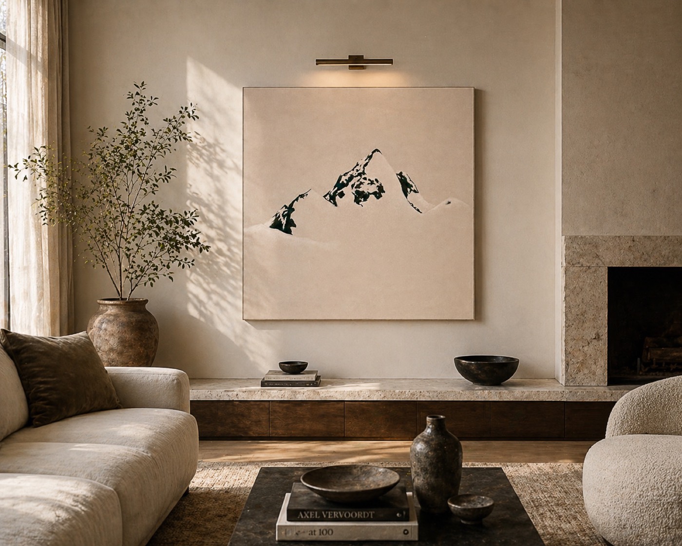 Minimalist oil painting of mountain peaks above a stone fireplace