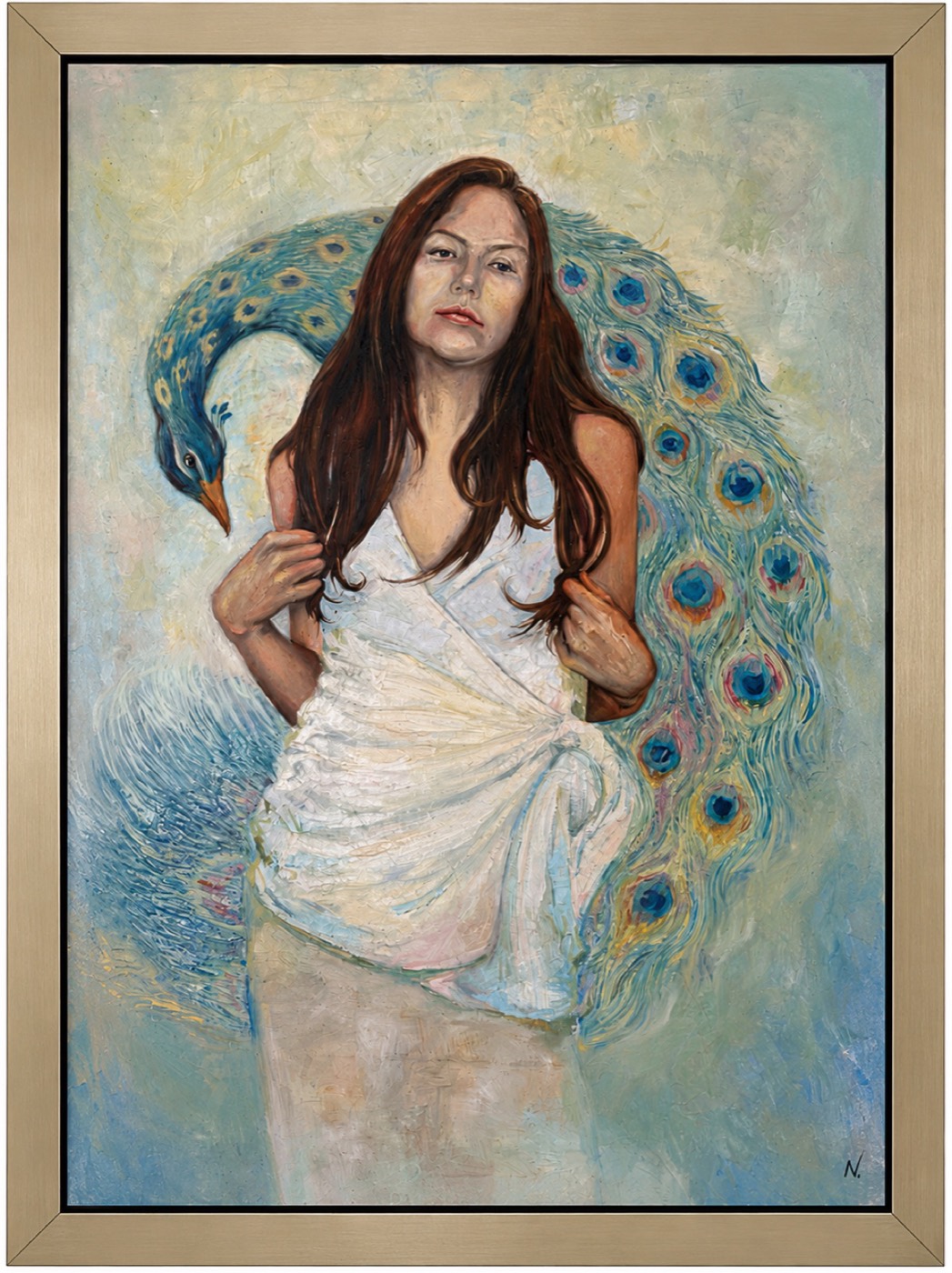 Oil painting of a woman wrapped in white before a peacock
