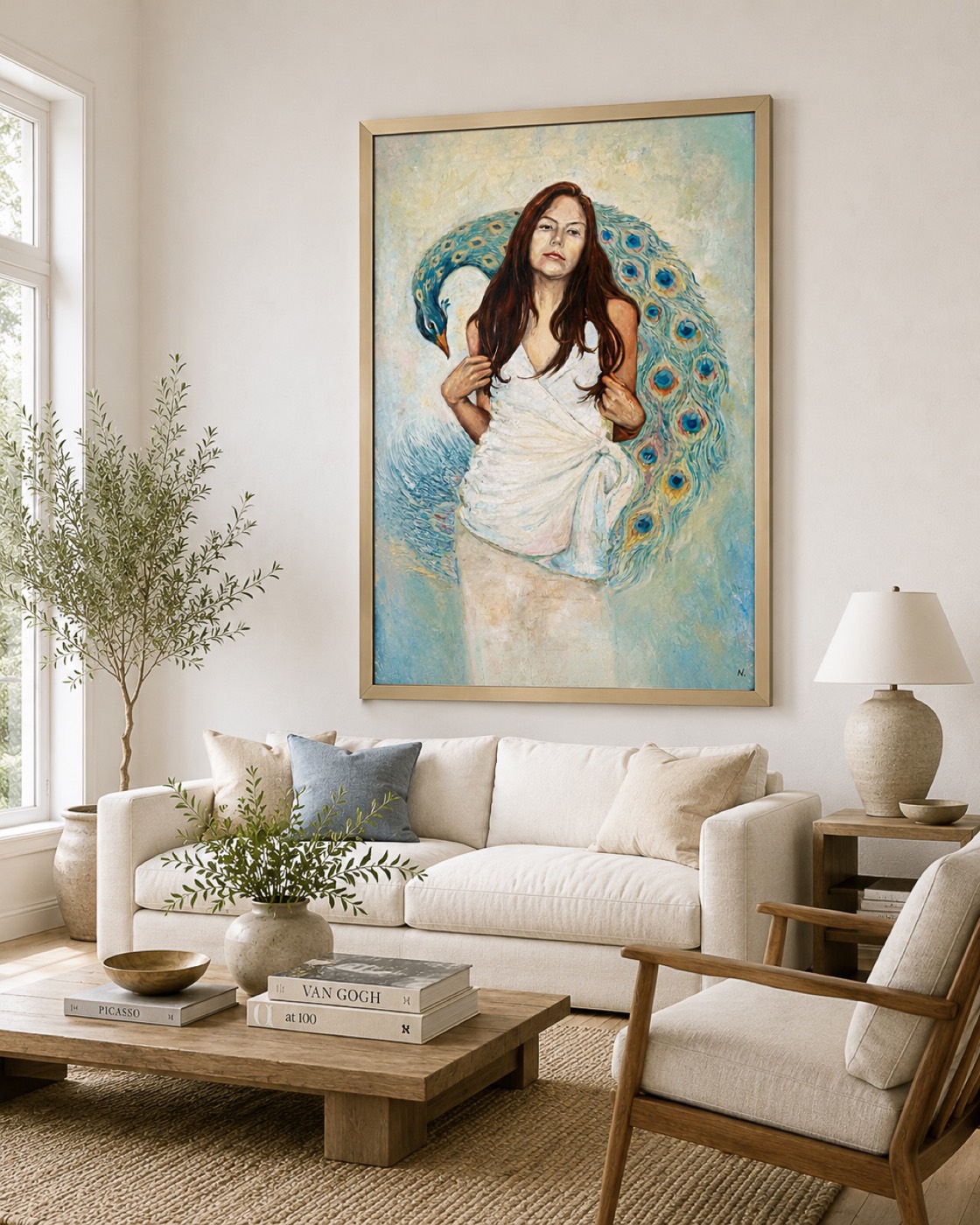 Oil painting of a woman before a peacock, in a living room