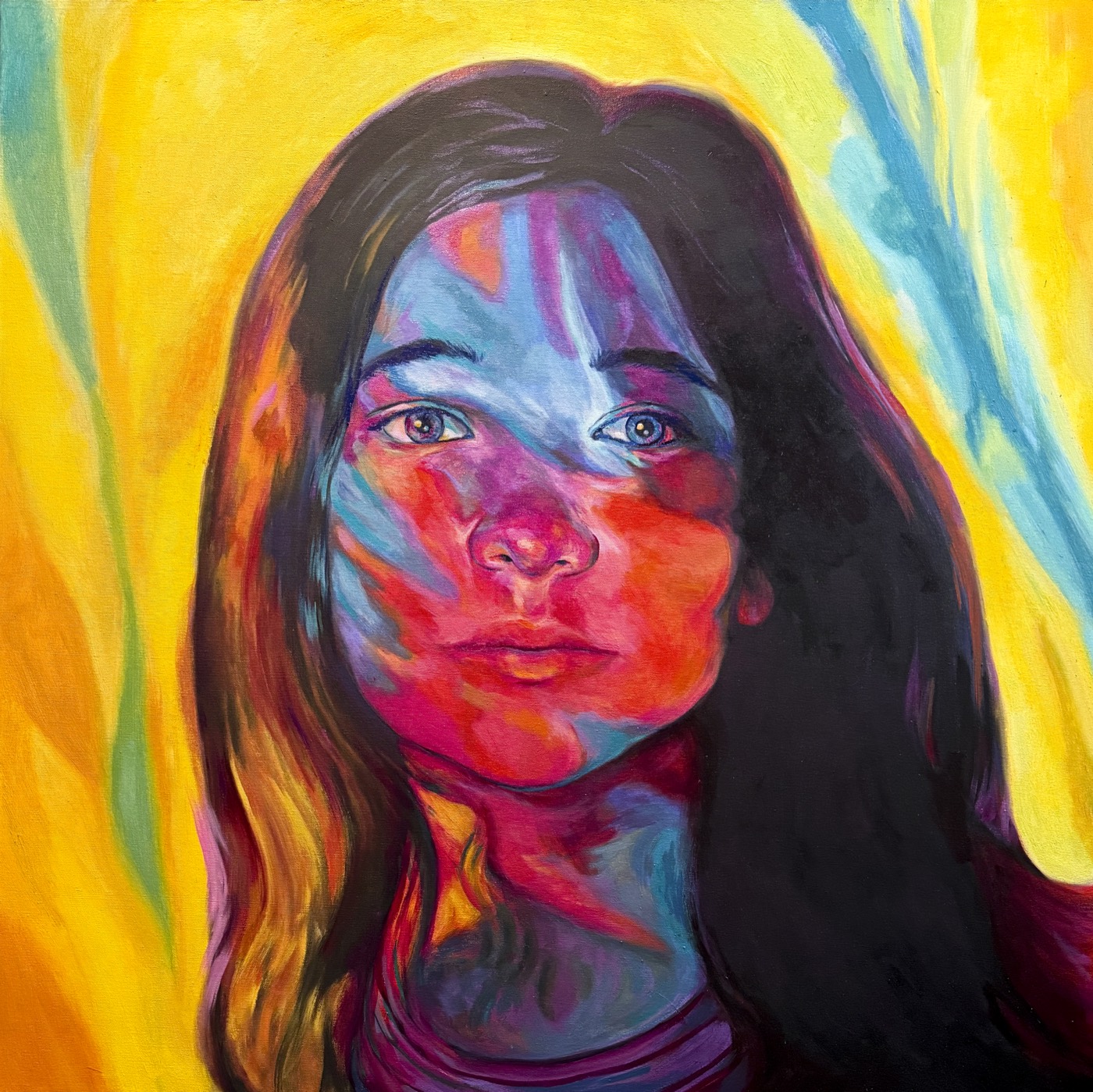 Bold color-blocked oil portrait of a woman in yellow, pink and blue