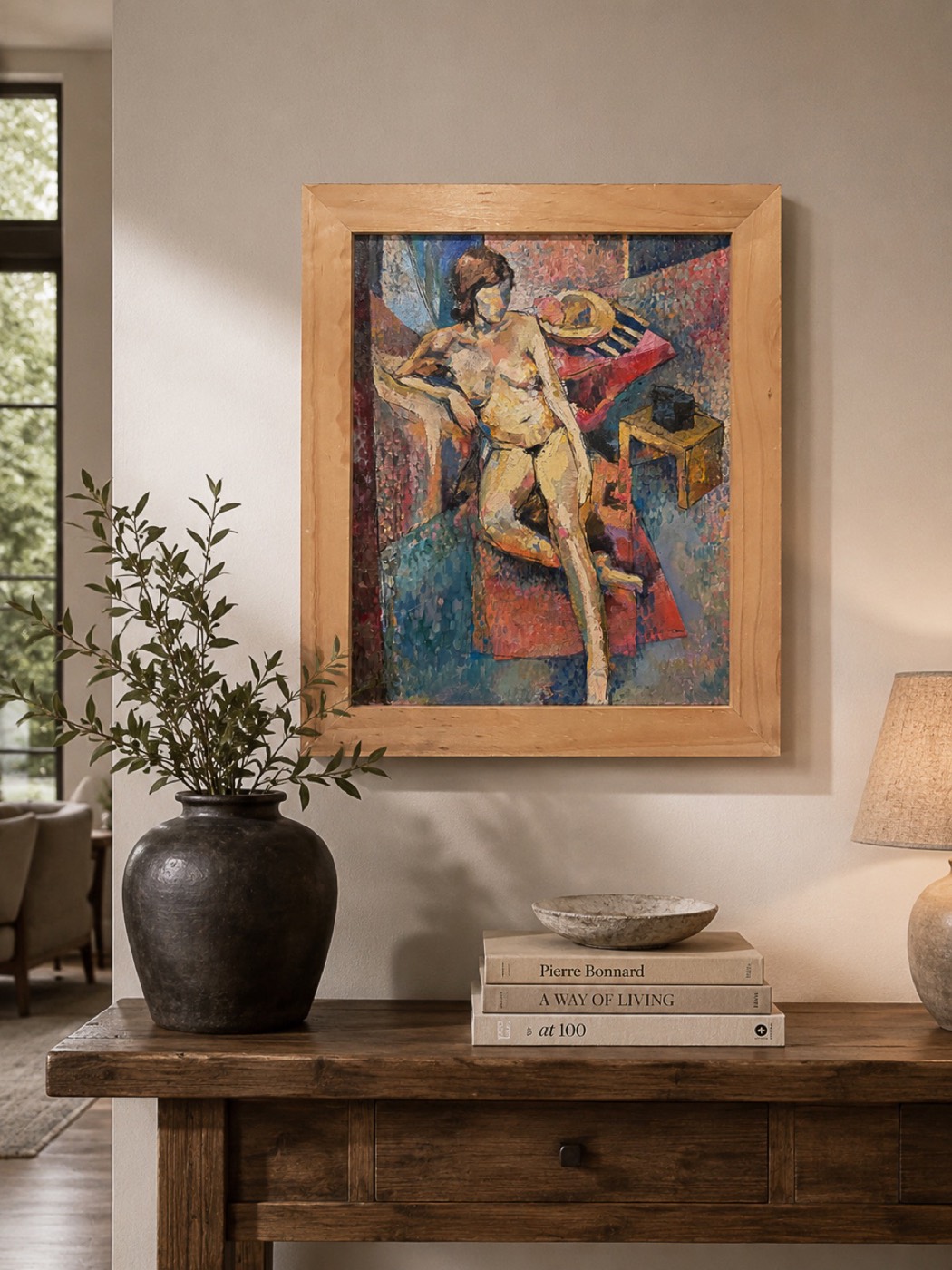 Cubist-inflected oil painting of a reclining nude, above a console