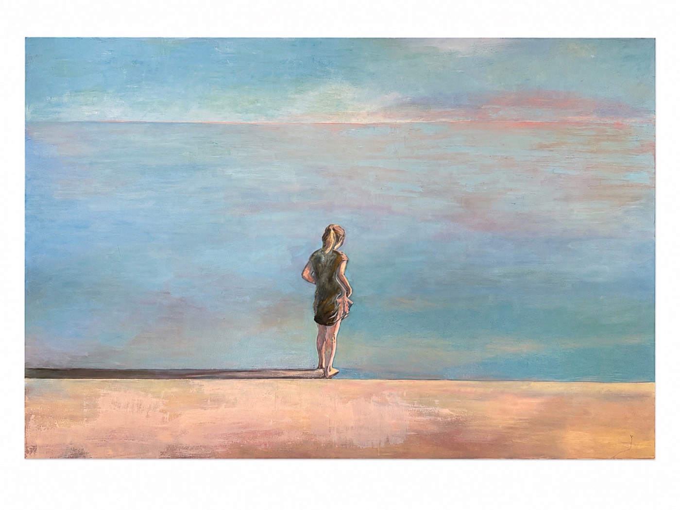 Oil painting of a lone figure at a pastel shore