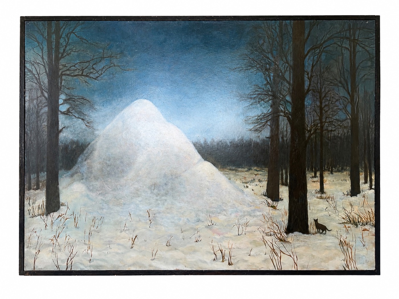 Oil painting of a moonlit snow mound in a winter forest