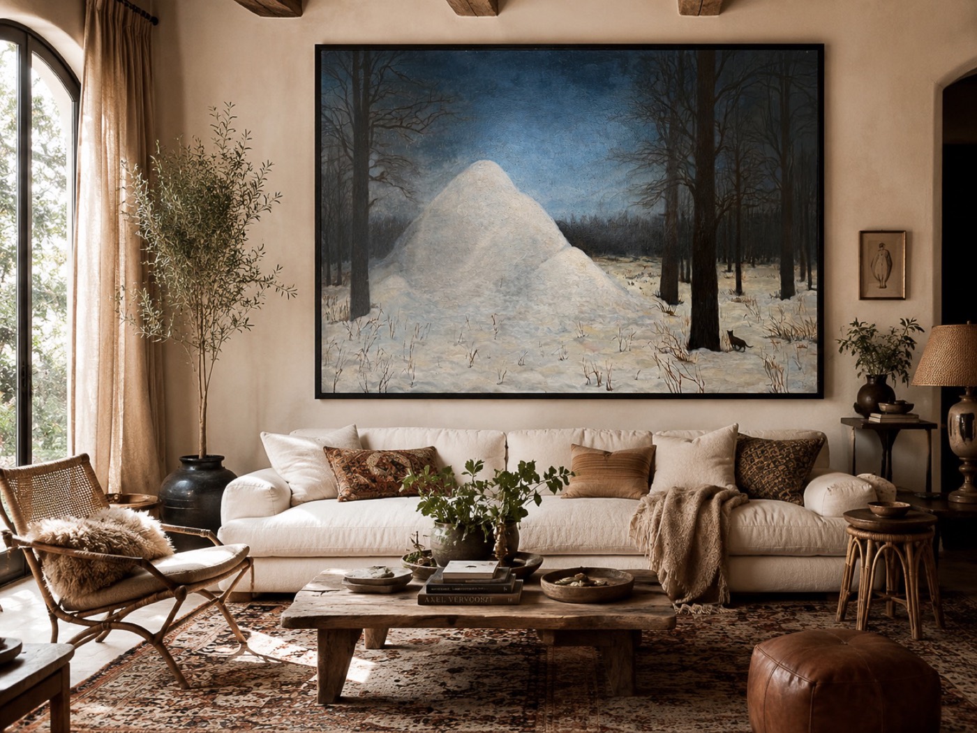 Oil painting of a moonlit snow mound in a winter forest above a sofa