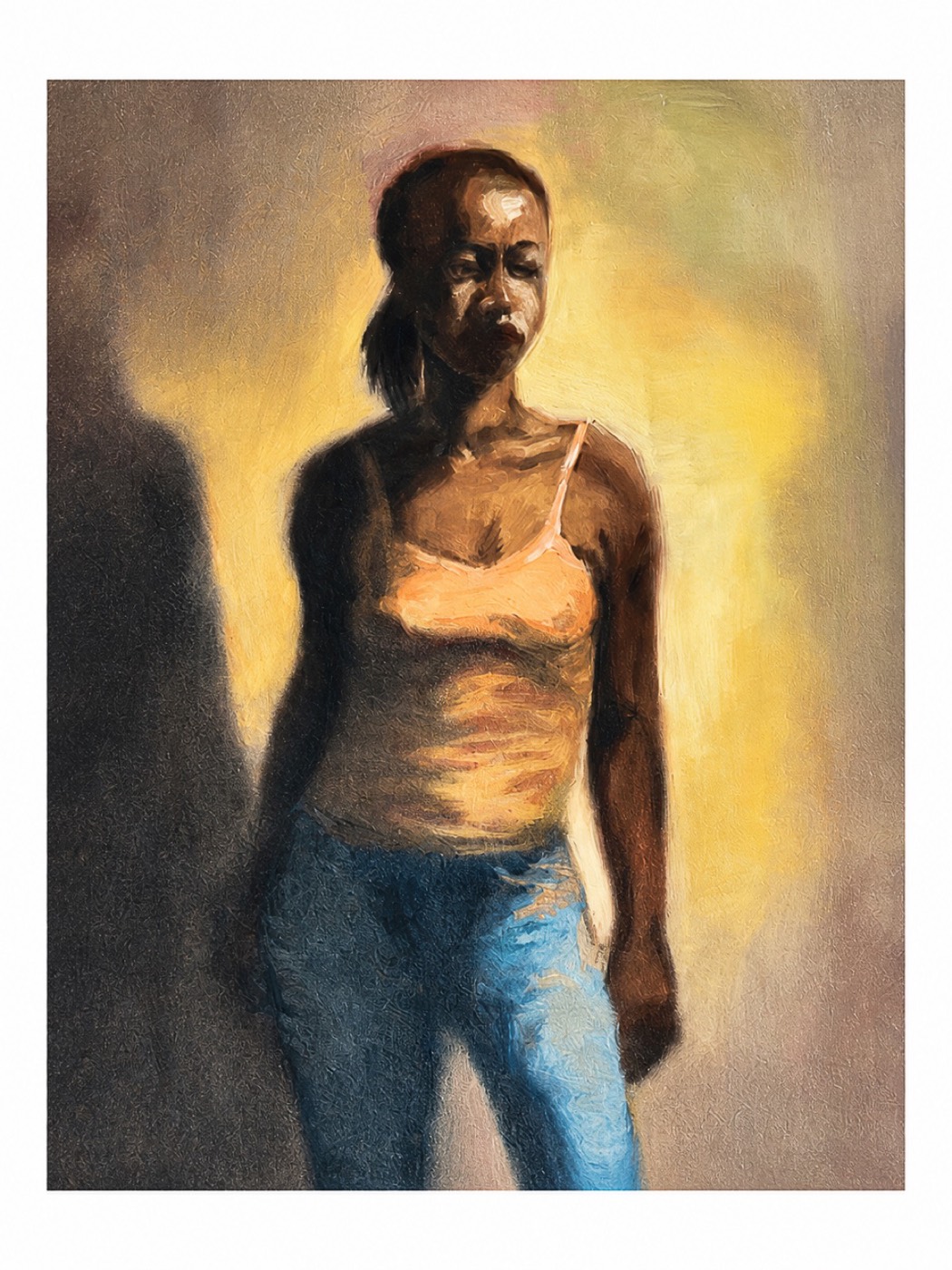 Oil painting of a standing figure in golden light