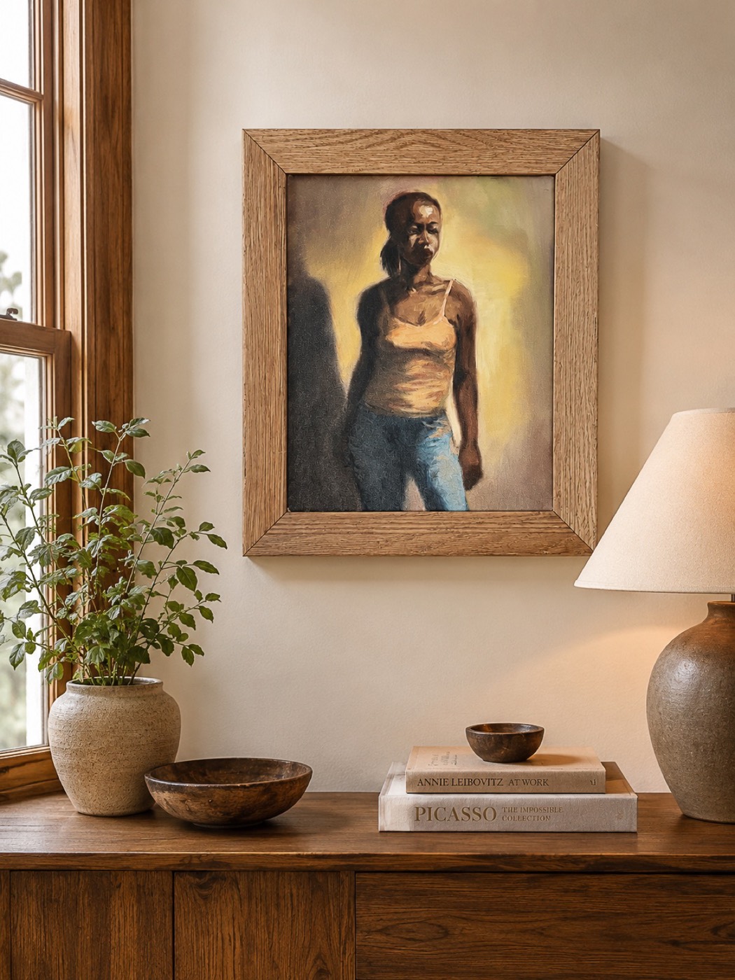 Oil painting of a standing figure in golden light, wood frame above a console