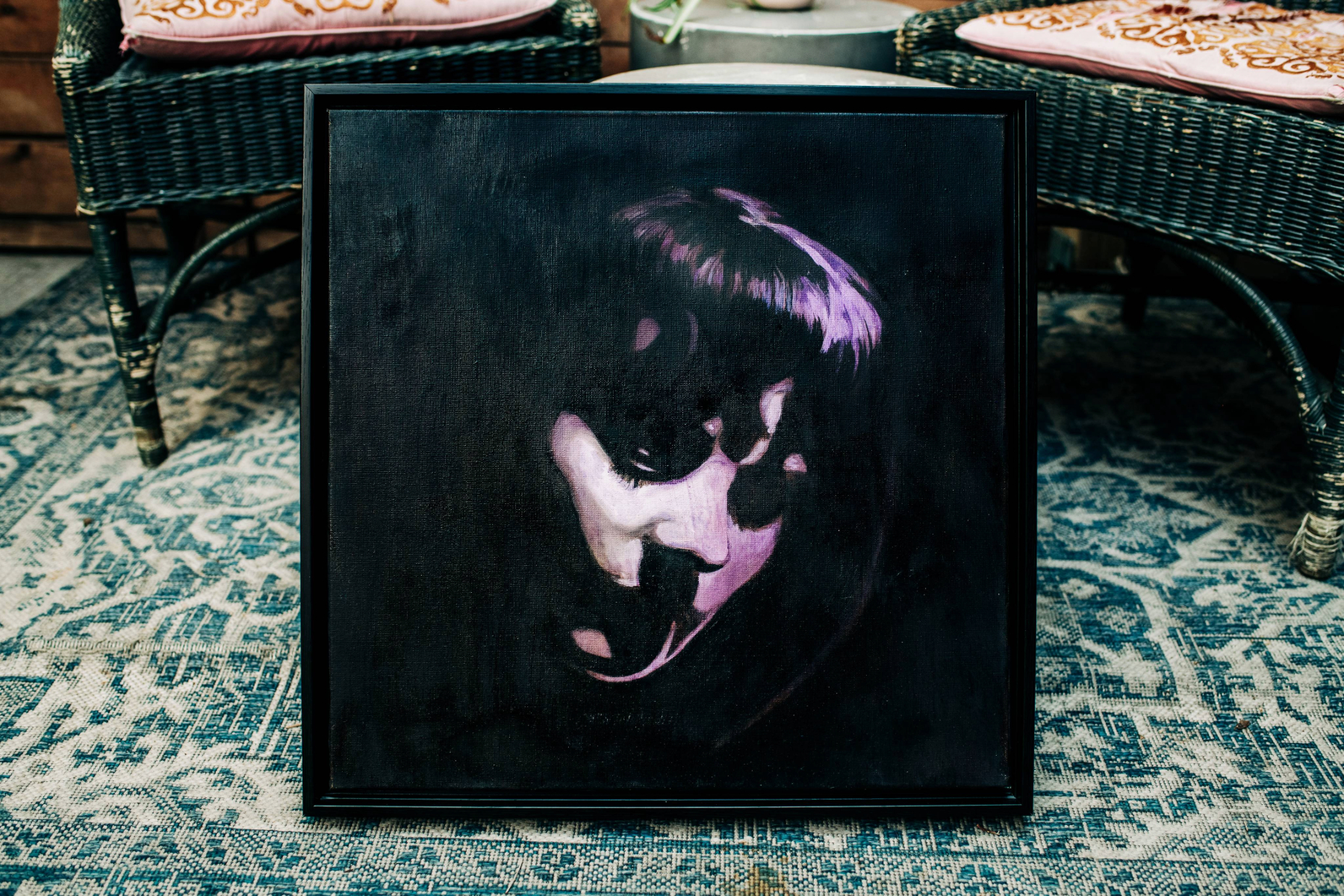 Oil portrait of Jutta Hipp in purple