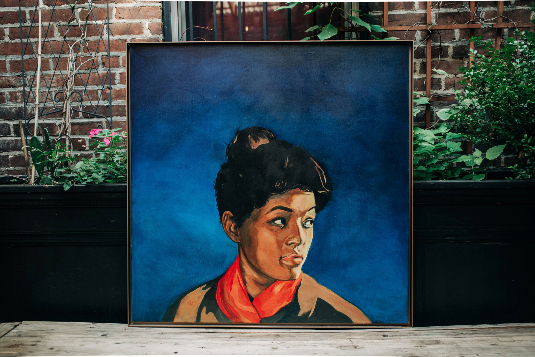 Oil portrait of Shirley Scott in deep blue